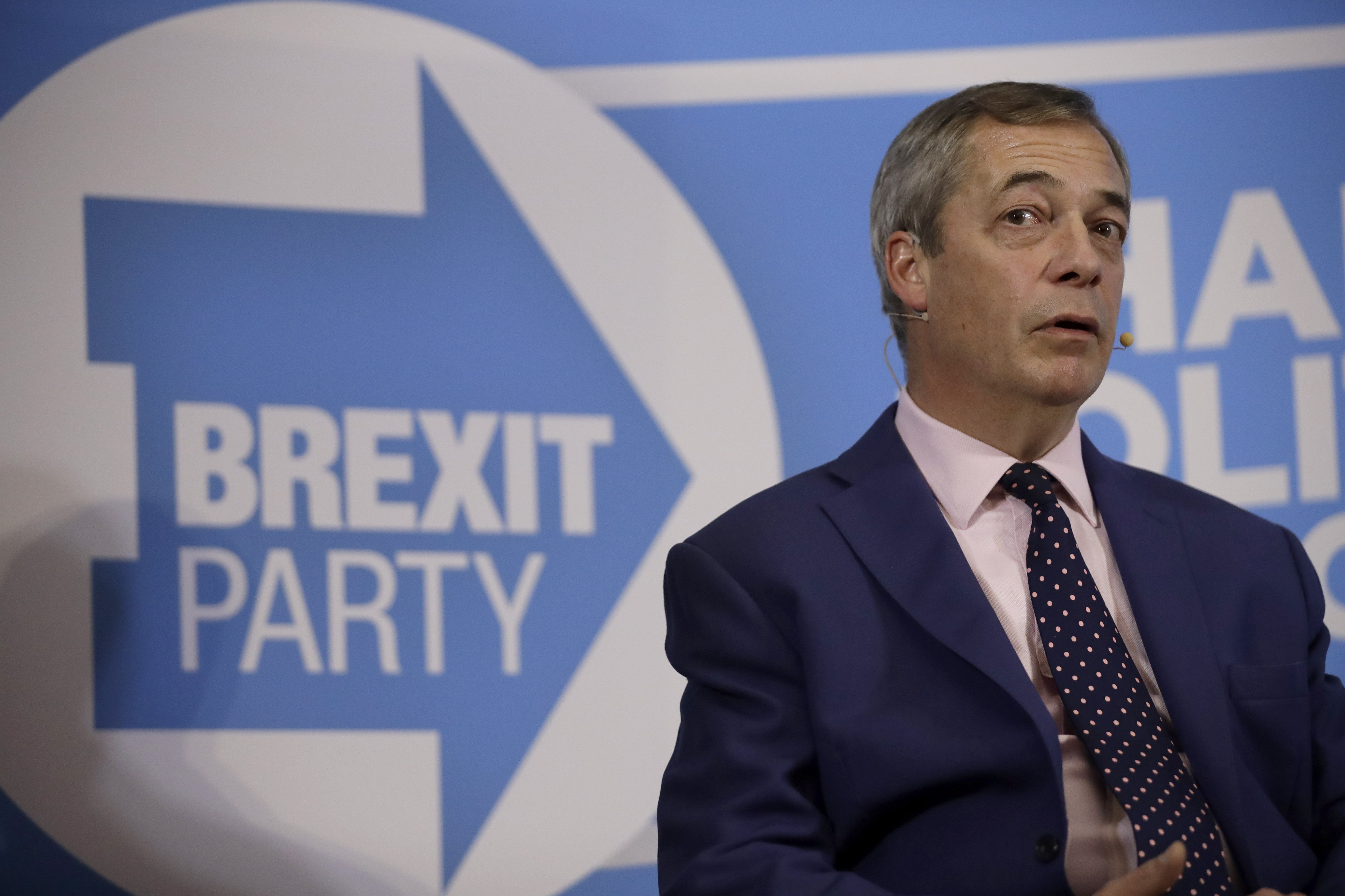 Nigel Farage the leader of the Brexit Party takes questions from journalists during an election press conference in London