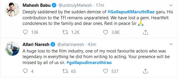 allari naresh, mahesh babu tweets on gollpaudi maruthi rao death