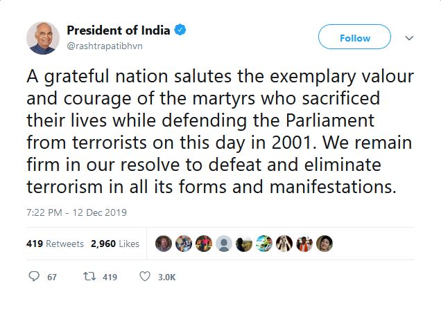 President Kovind pays tribute to victims of 2001 Parliament attack