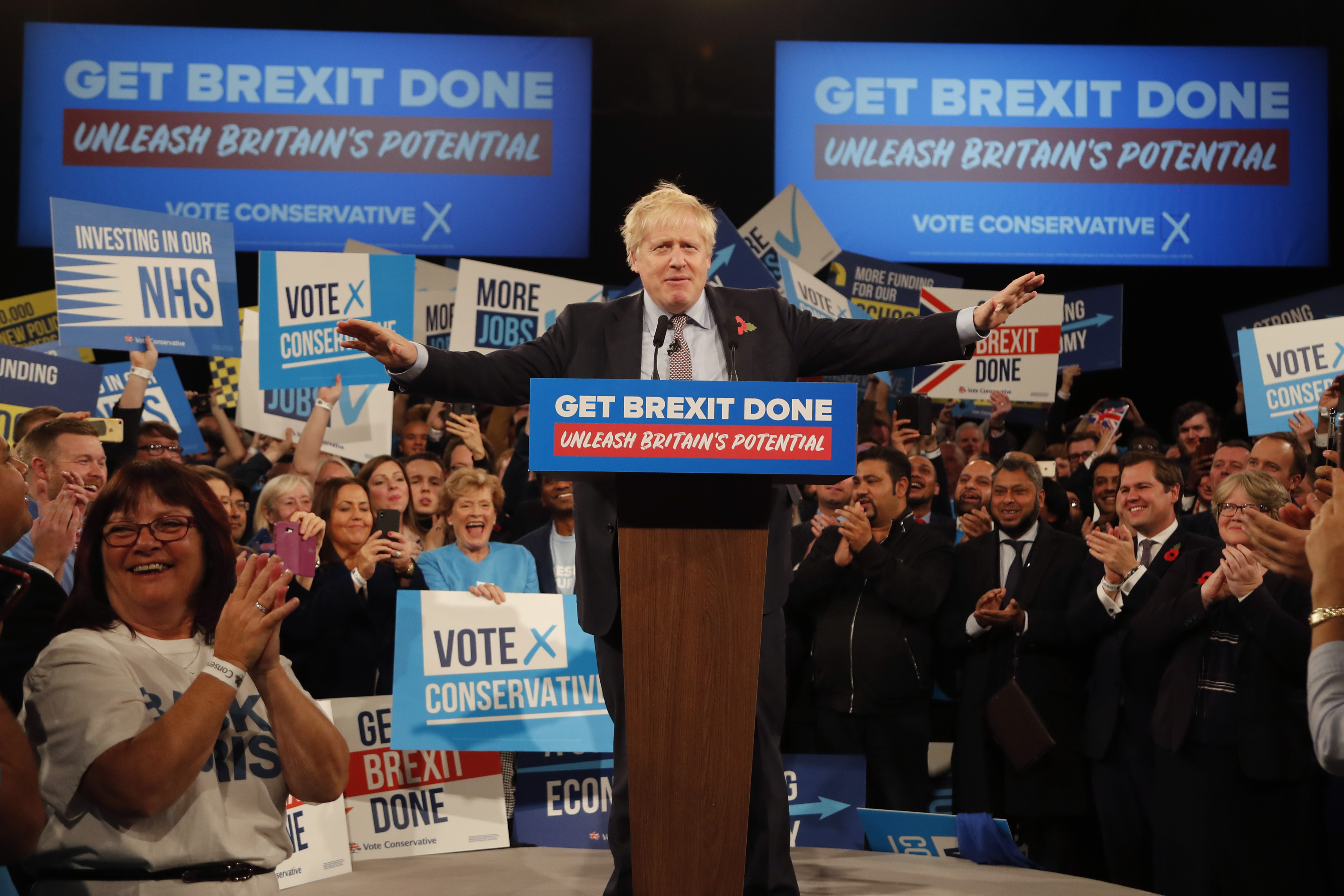 Britain's Prime Minister Boris Johnson speaks during an election campaign event for his ruling Conservative Party at the NEC(National Exhibition Centre) in Birmingham in England.