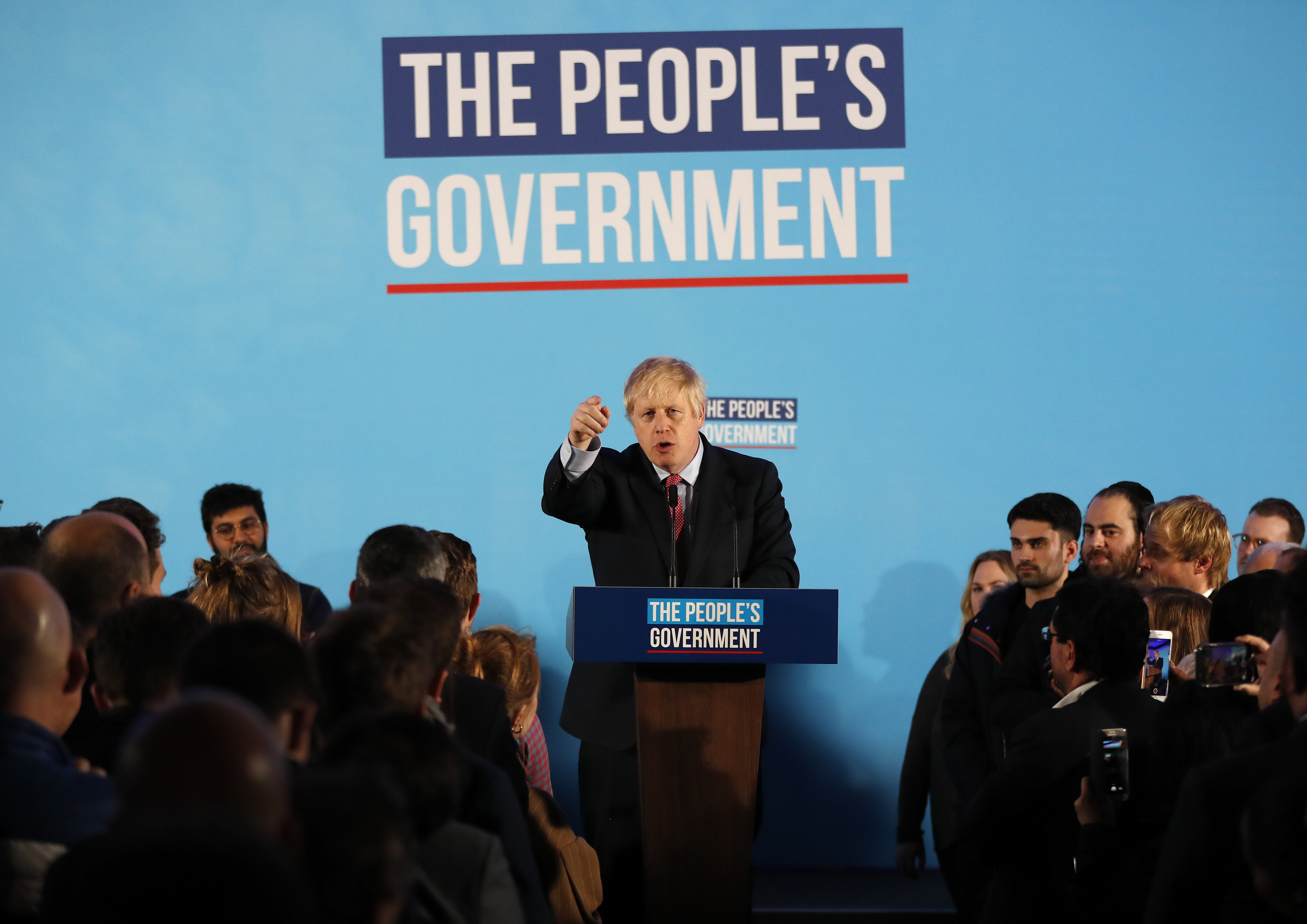 Britain's Prime Minister Boris Johnson speaks at a campaign event at the Queen Elizabeth II Centre in London, on Friday.