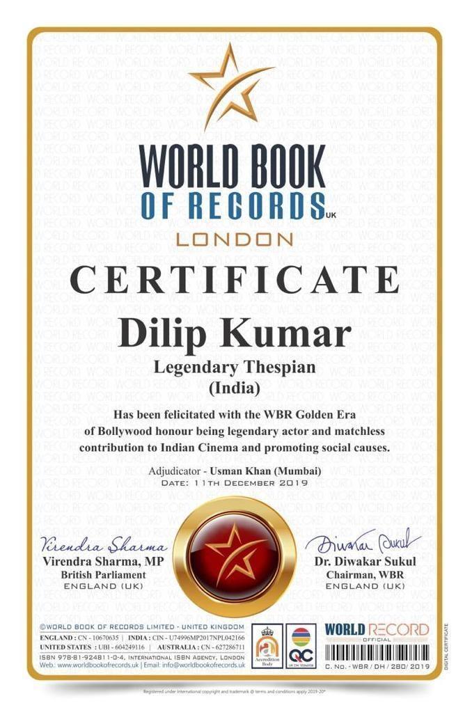 Dilip Kumar, Dilip Kumar news, Dilip Kumar updates, Dilip Kumar honoured, Dilip Kumar got world book records