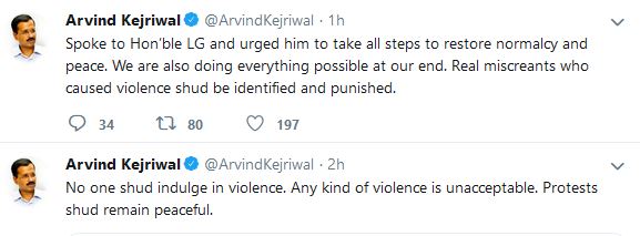 kejriwal on delhi violence