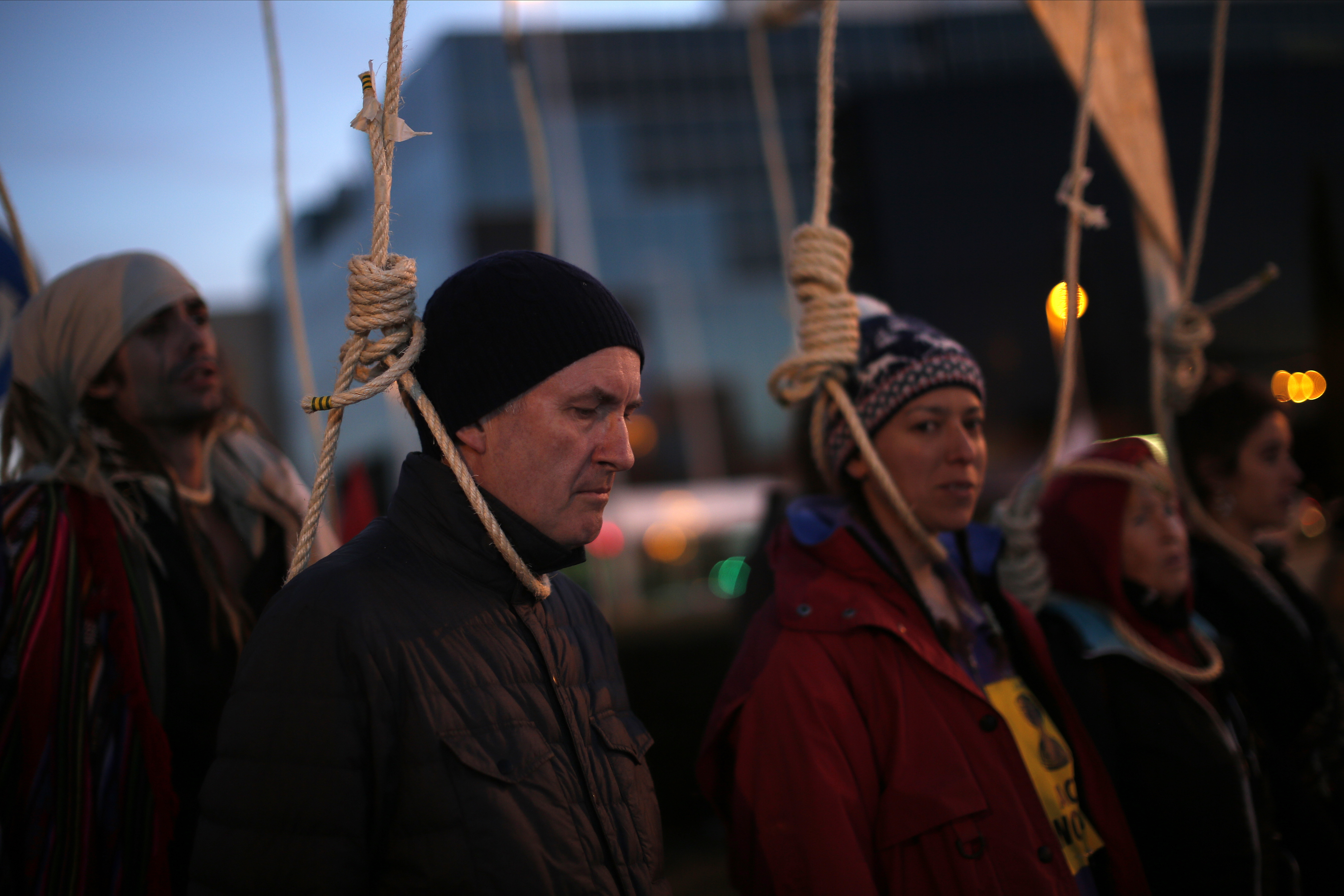 Activists protest outside of the COP25 climate talks Congress in Madrid, Spain, on Saturday.