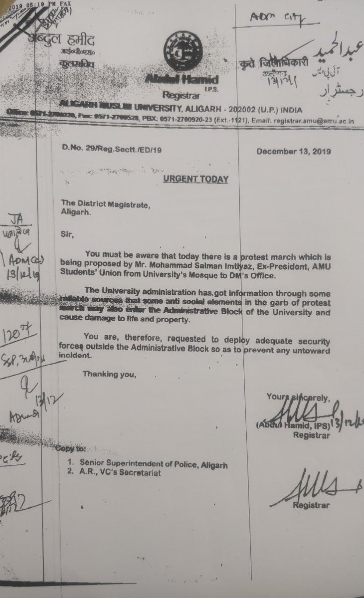 AMU Registrar's letter