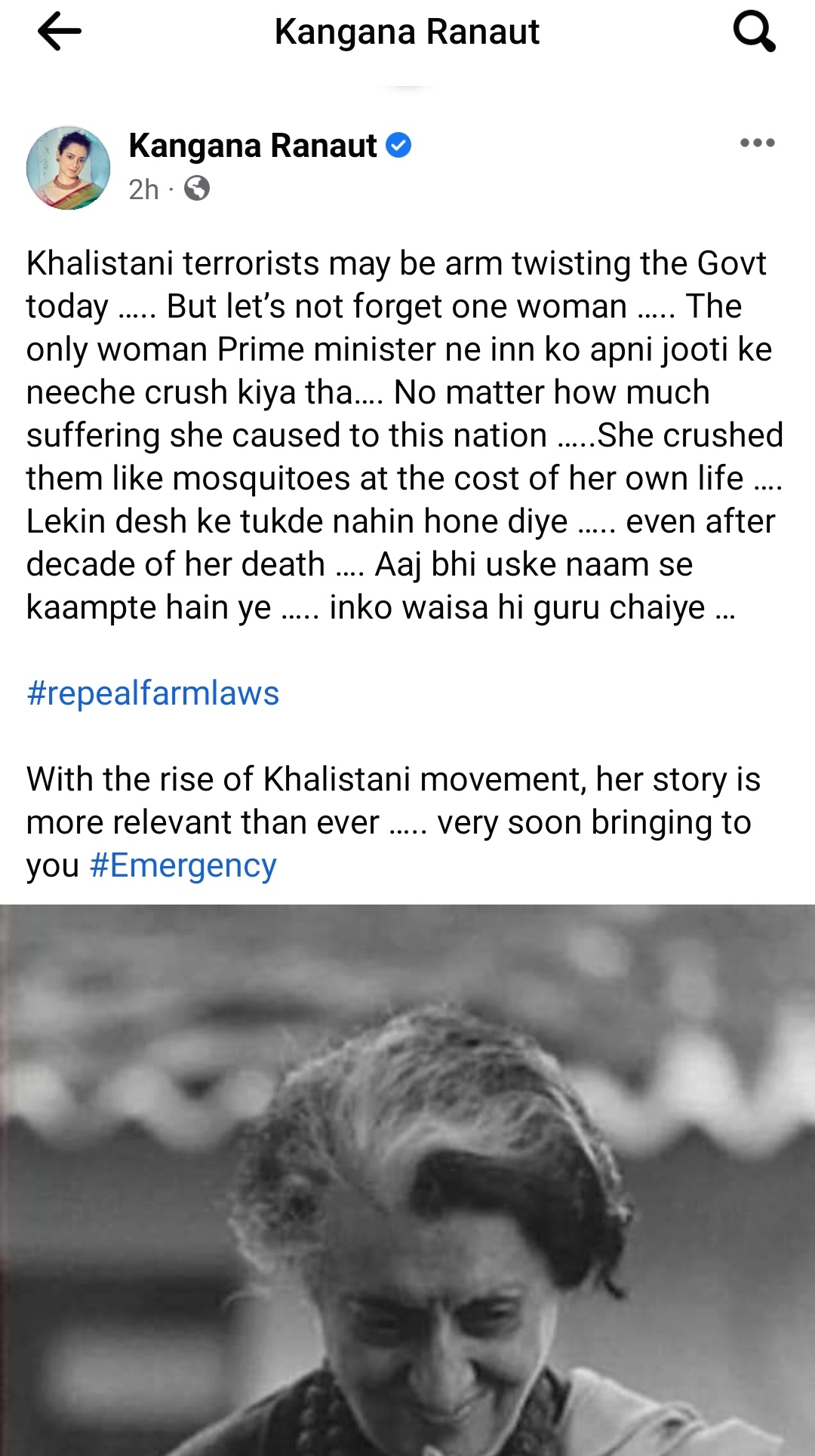 Kangana ranaut facebook post