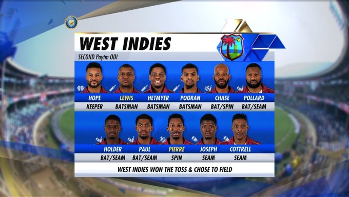 IND VS WI, 2nd ODI: West Indies win toss, opt to field