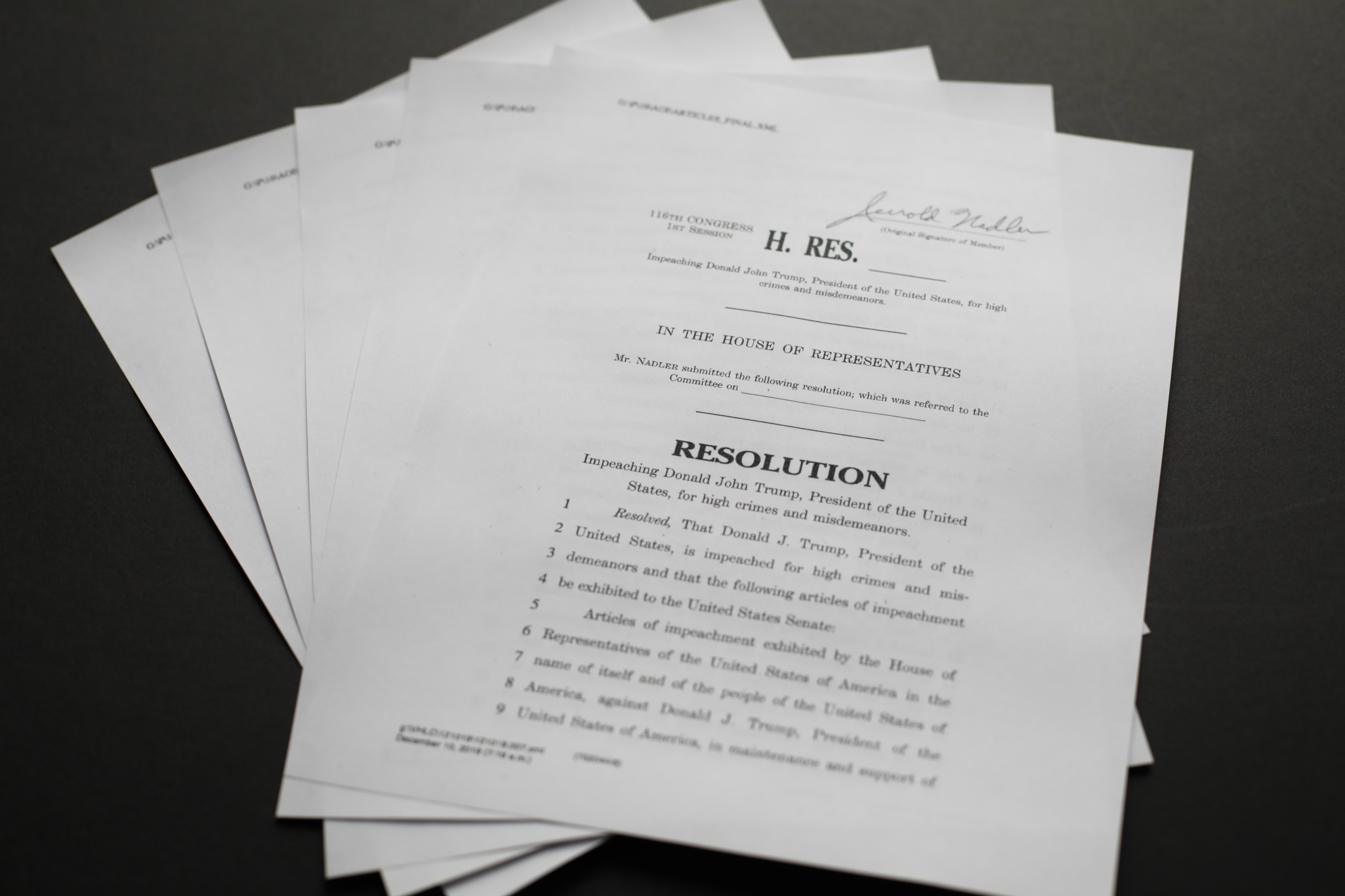 The articles of impeachment against President Donald Trump photographed on Dec. 10, 2019 in Washington.