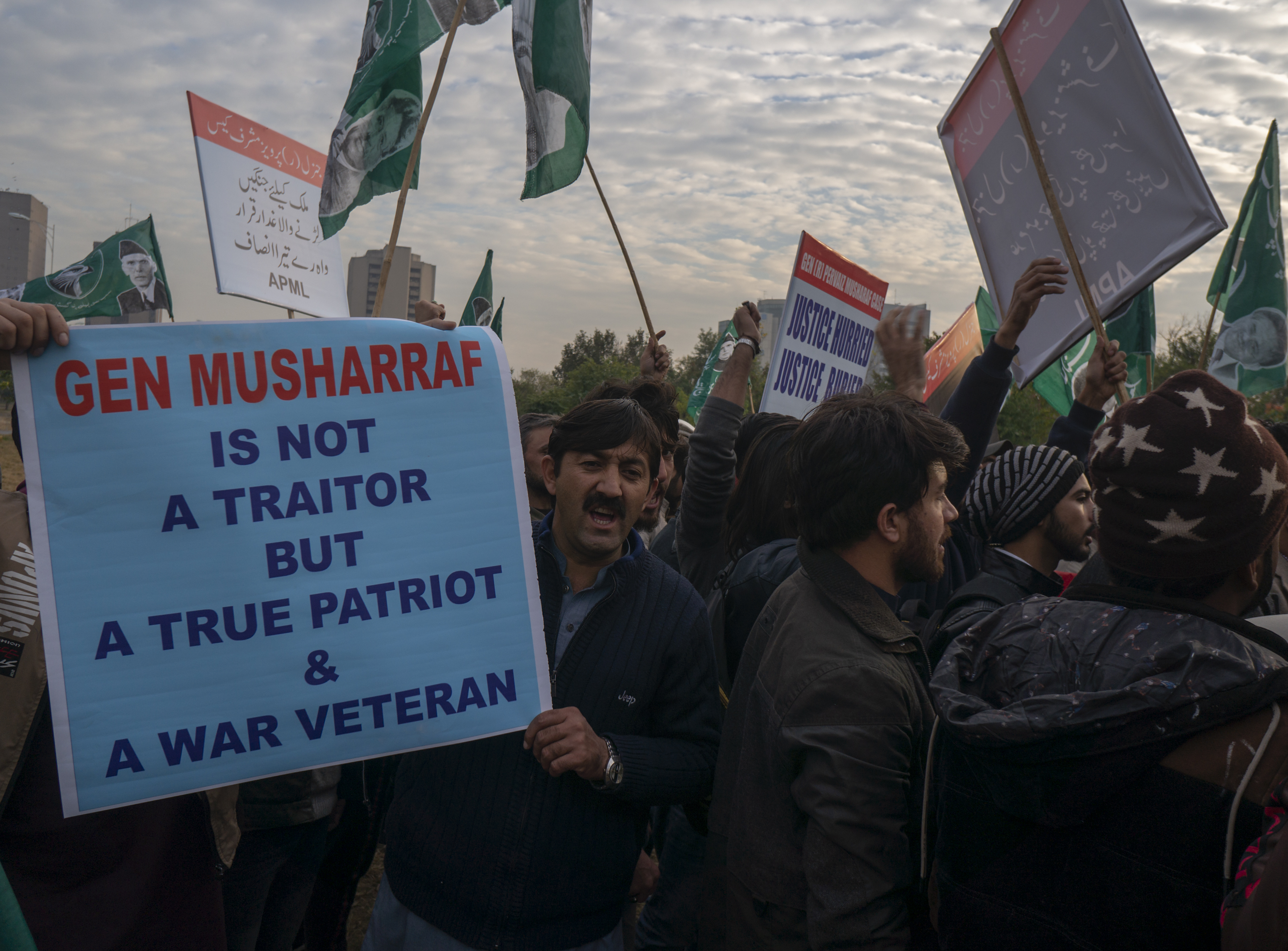 Supporters of former Pakistani military ruler Gen. Pervez Musharraf protest a court's decision in Karachi, Pakistan, on Wednesday.