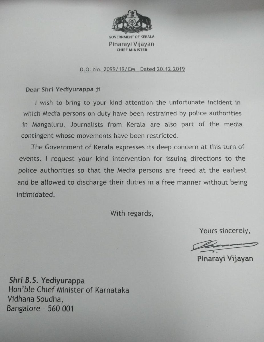 Kerala CM writes to his counterpart Yediyurappa to release journalists detained in Mangalore