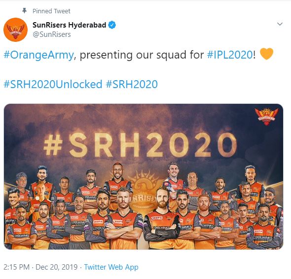 IPL 2020 Auction, Sunrisers Hyderabad