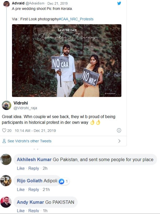 Kerala couple is opposing CAA and NRC with unique pre-wedding photoshoot