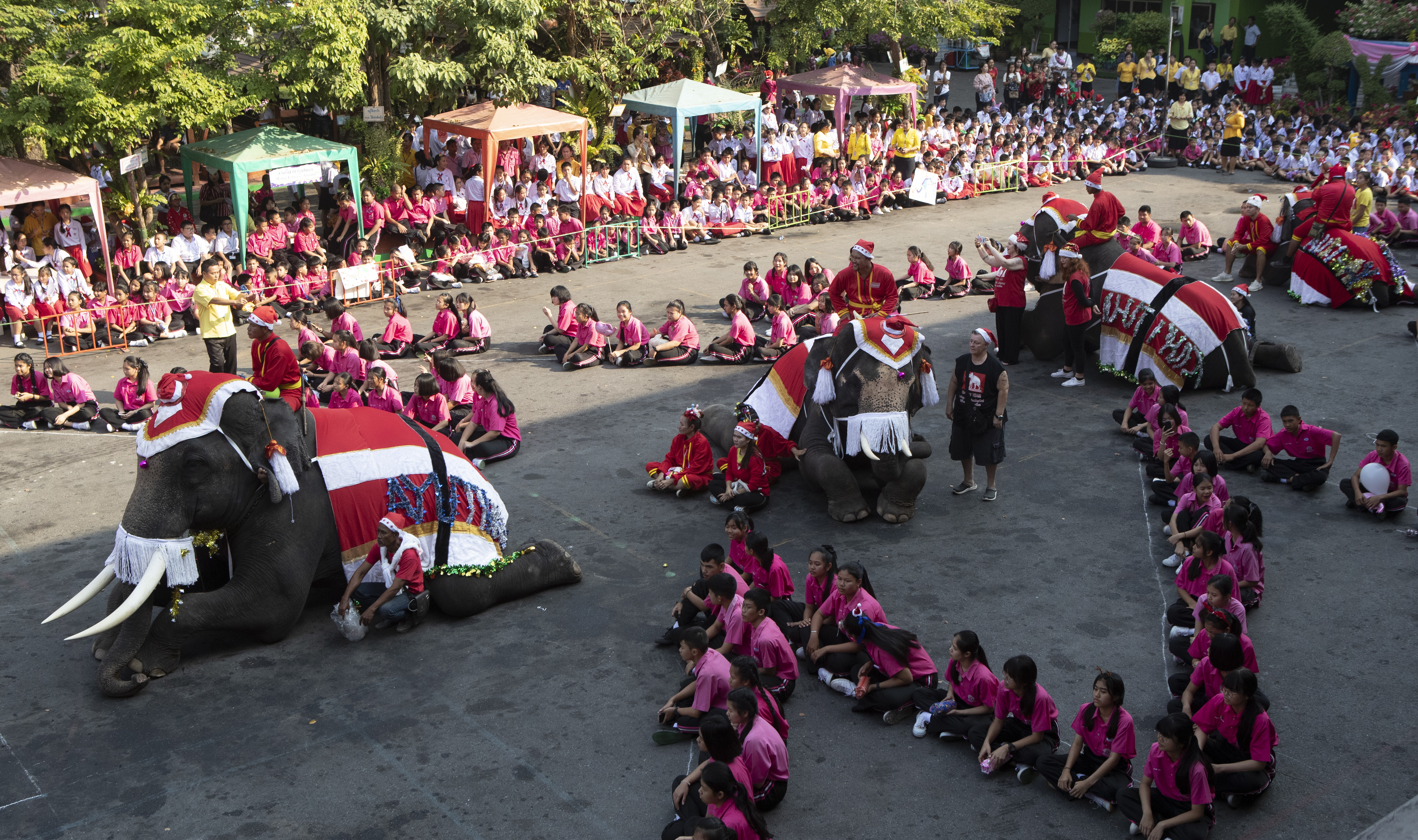 Elephants dressed in Santa Claus costumes sit with students at the Jirasartwitthaya school during Christmas celebrations in Ayutthaya, on Monday.