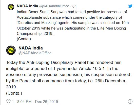 Boxer Sumit Sangwan suspended