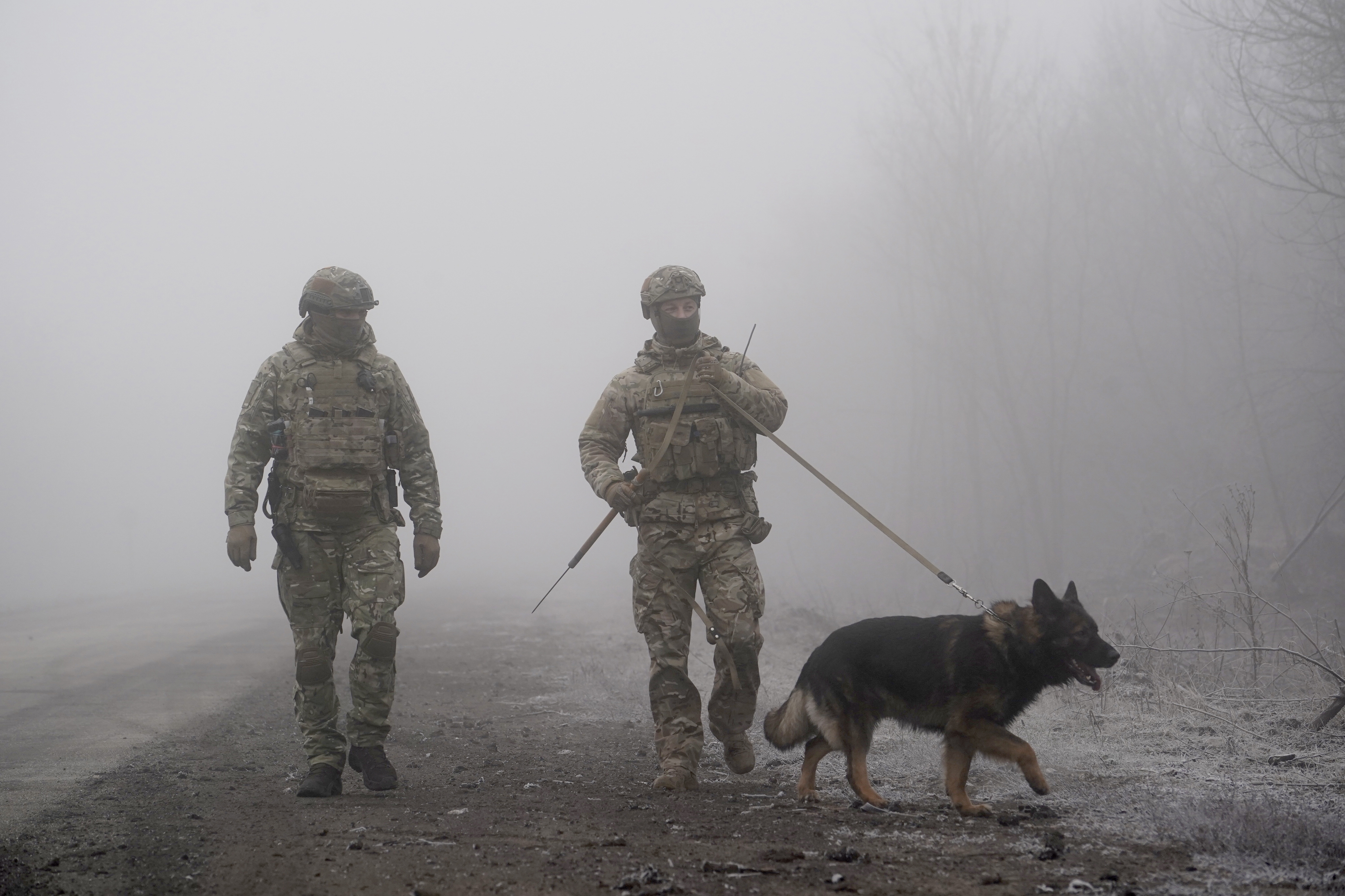 Ukrainian soldiers guard an area near Odradivka, eastern Ukraine, on Sunday.