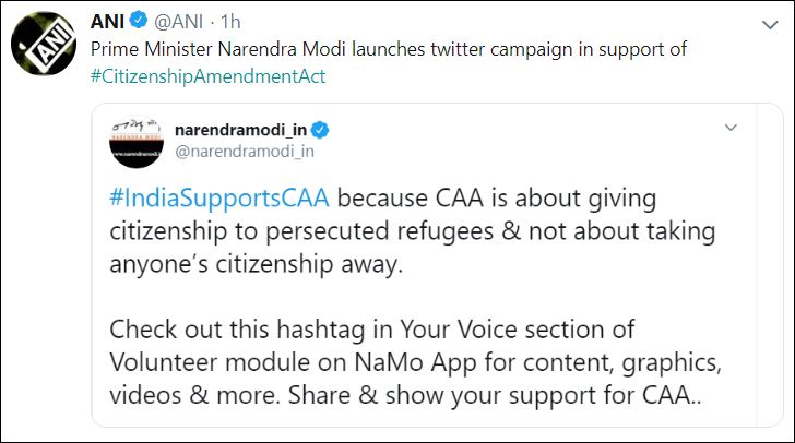 pm modi launches twitter campaign in support of citizenship amendment act etv bharat