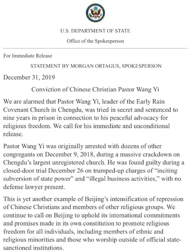 united states calls on china to  release Pastor Wang Yi