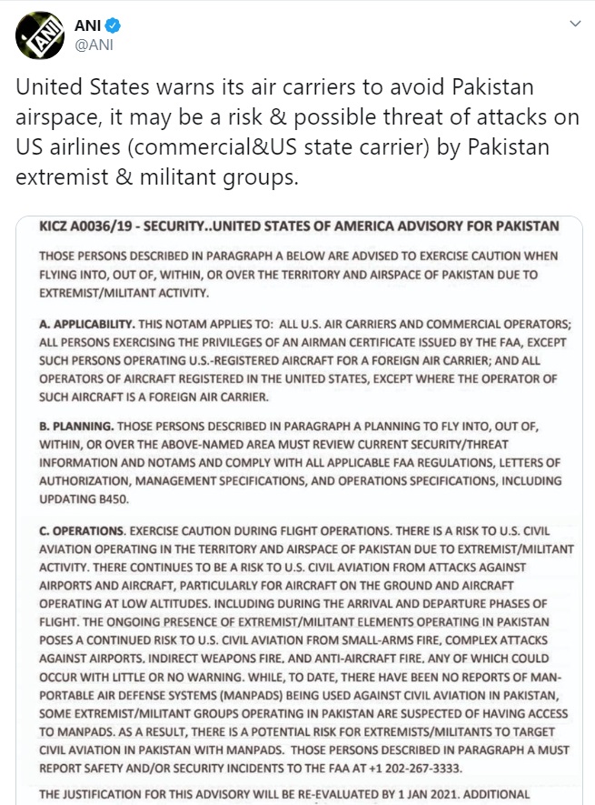 us warns air carriers to avoid pakistan airspace due to terror risk