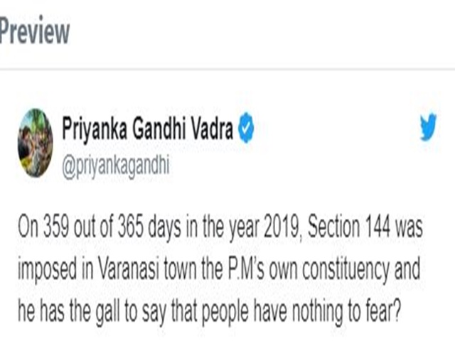 Priyanka slams PM over Section 144 in Varanasi