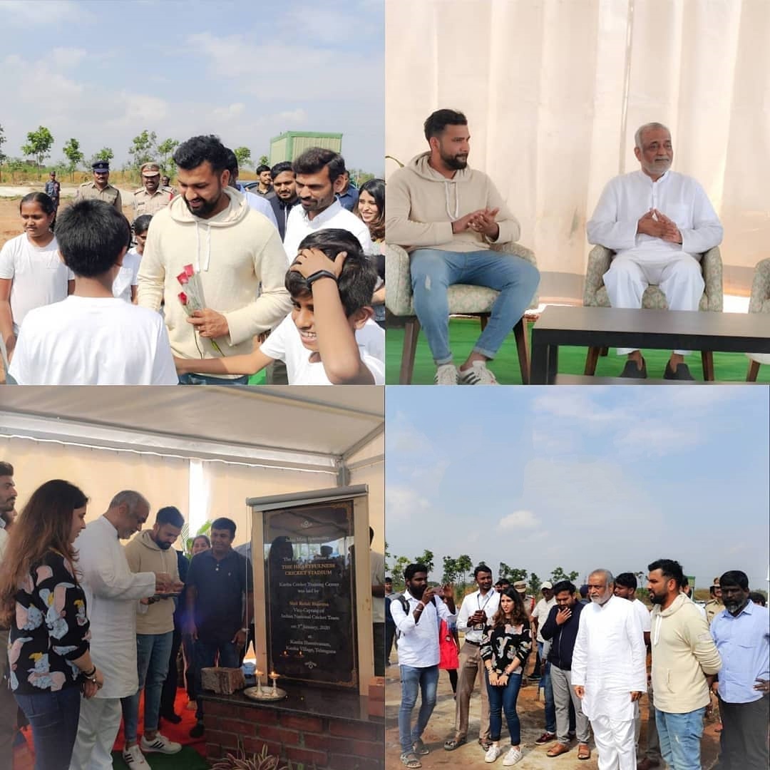 Cricketer Rohit Sharma laid the foundation stone for a cricket stadium and training centre at 'Heartfulness Institute' hyderabad