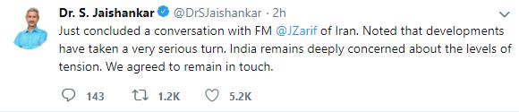 Jaishankar holds conversation with Iranian FM, says India deeply concerned about levels of tension