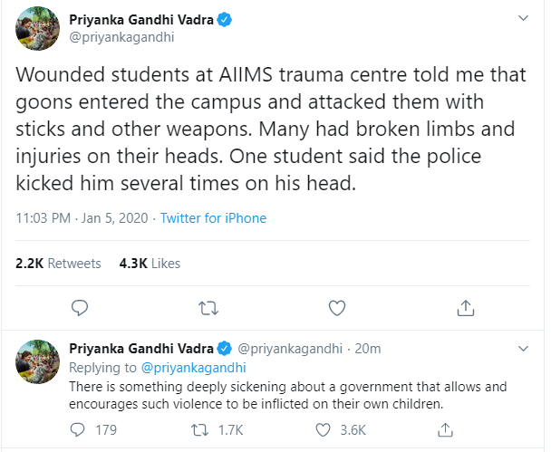 Congress General Secretary Priyanka Gandhi Vadra went to AIIMS to speak with the injured students