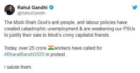 In tweet on Bharat Bandh, Rahul Gandhi