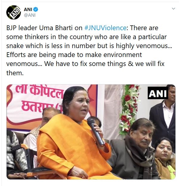 jnu violence bjp leader uma bharti