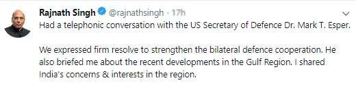 Rajnath speaks with US defence secretary