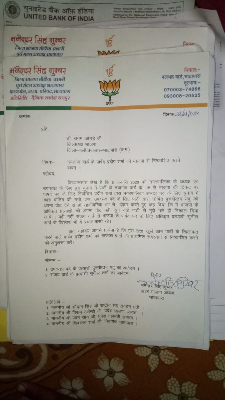 Bhatapara BJP Mandal recommended removal of councillor from party