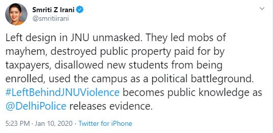 smriti irani on jnu violence