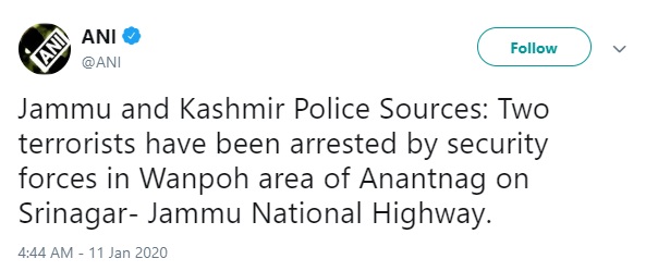 Two terrorists arrested by Anantnag in Jammu and Kashmir