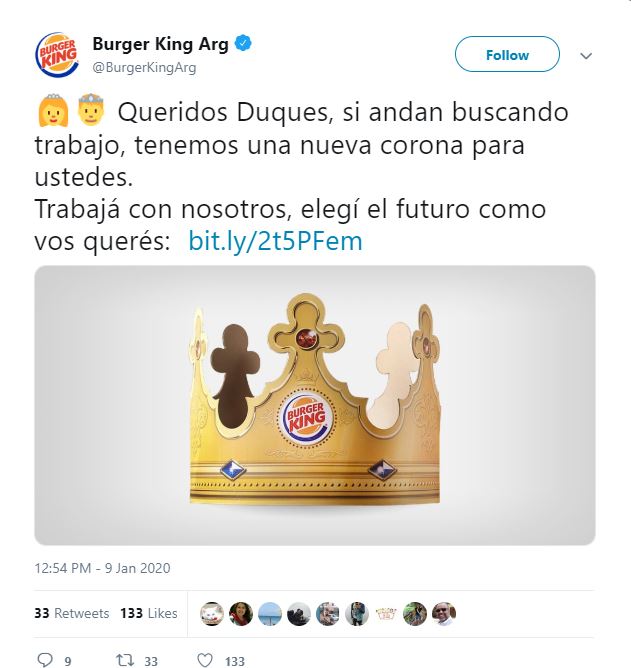 Burger King offers job to Royal couple