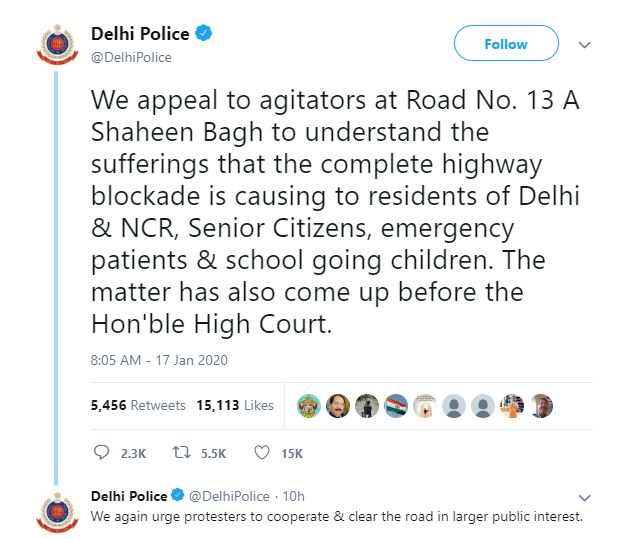 Delhi police appeal  to Shaheen Bagh protesters