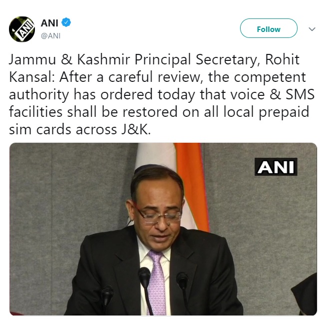 jammu kashmir internet services facilities pre paid connections restored