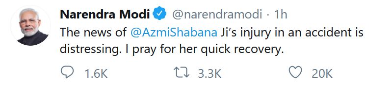 pm modi prays fo shabana azmi, shabana azmi's speedy recovery, lata mangeshkar,  ଶବାନା ଆଜମୀଙ୍କ ପାଇଁ ମୋଦିଙ୍କ ପ୍ରାର୍ଥନା, ଶବାନାଙ୍କ ସୁସ୍ଥତା କାମନା କଲେ ପ୍ରଧାନମନ୍ତ୍ରୀ