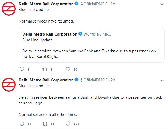 Blue line affected by a passenger's jump on the Karol Bagh metro track