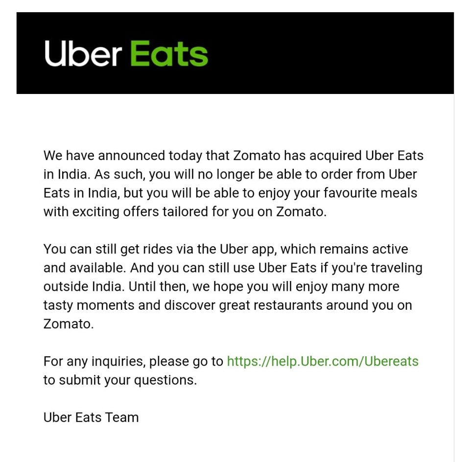 Zomato acquires Uber Eats business in India