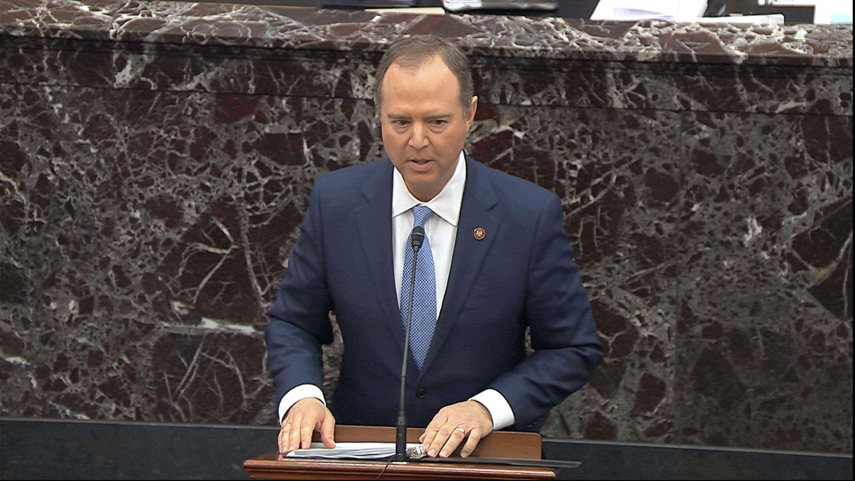 Impeachment manager Rep. Adam Schiff, D-Calif., speaks against the organizing resolution for the trial against President Donald Trump in the Senate at the US Capitol in Washington, Tuesday.