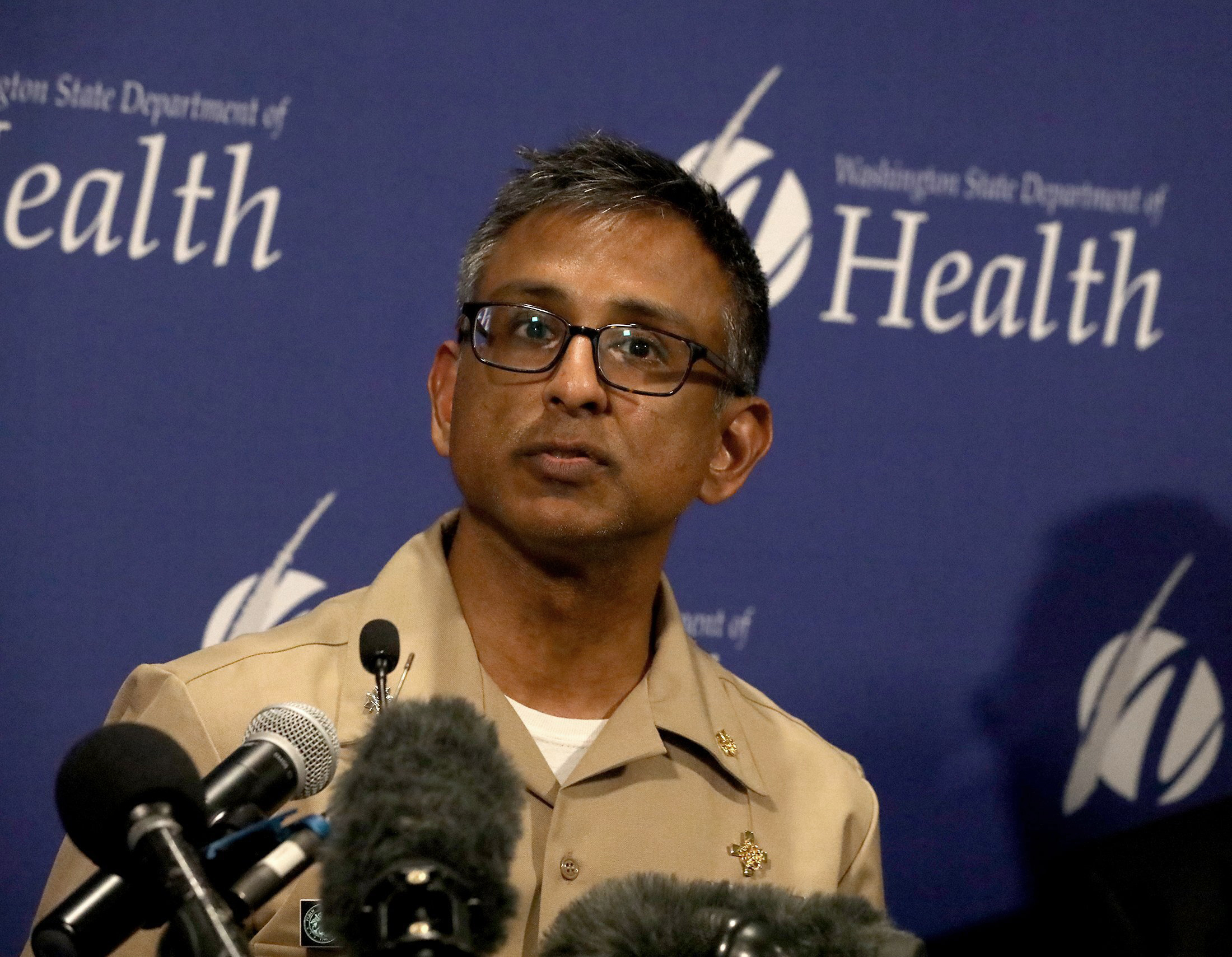 Dr. Satish Pillai, of the Center for Disease Control, in Atlanta, speaks at a news conference at the State of Washington's Department of Health Public Health Laboratories, on Tuesday.