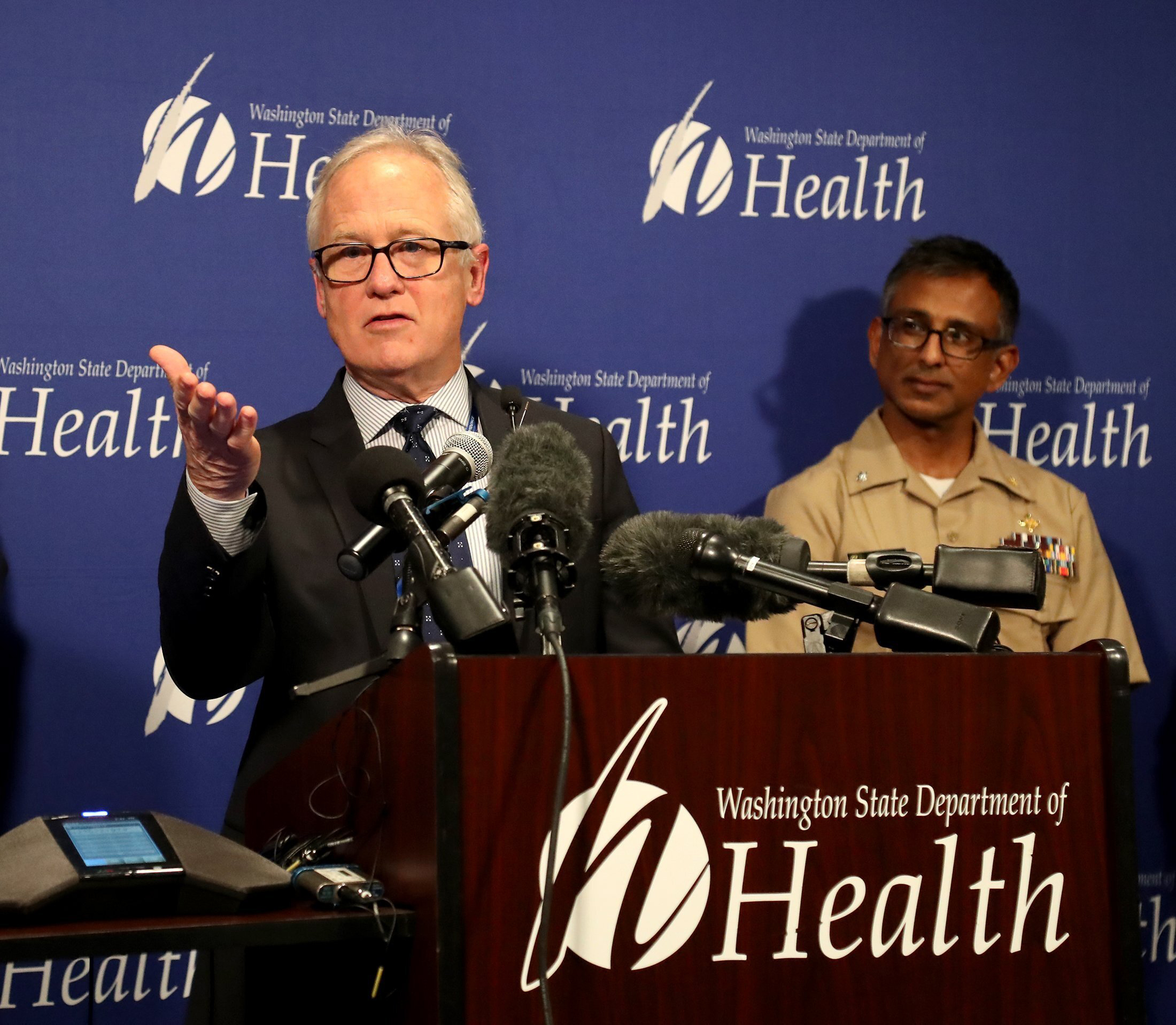 Dr. Jay Cook, Providence Regional Medical Center, in Everett, speaks at a news conference at the State of Washington's Department of Health Public Health Laboratories, on Tuesday.