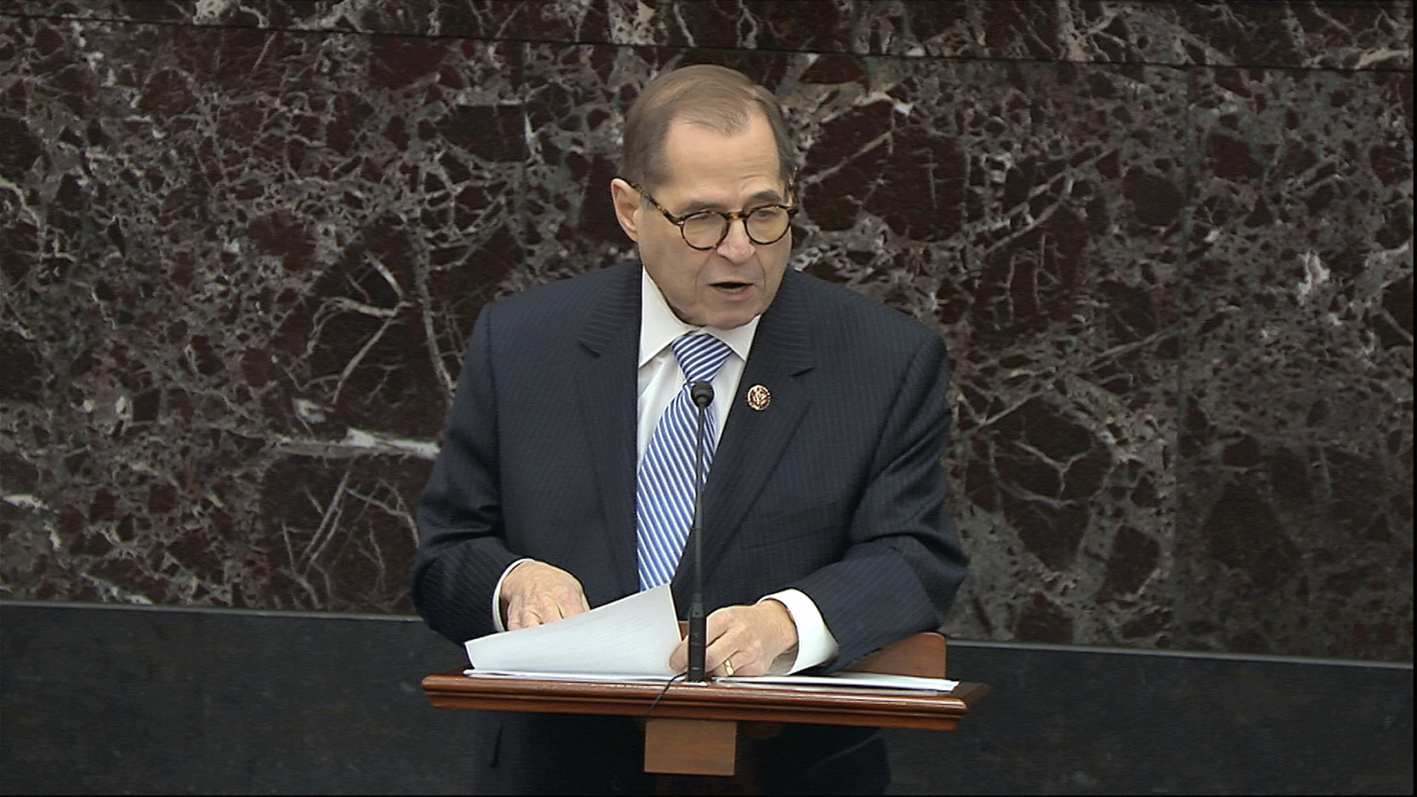 House impeachment manager Rep. Jerrold Nadler, D-N.Y., speaks during the impeachment trial against President Donald Trump in the Senate at the U.S. Capitol in Washington, on Wednesday.