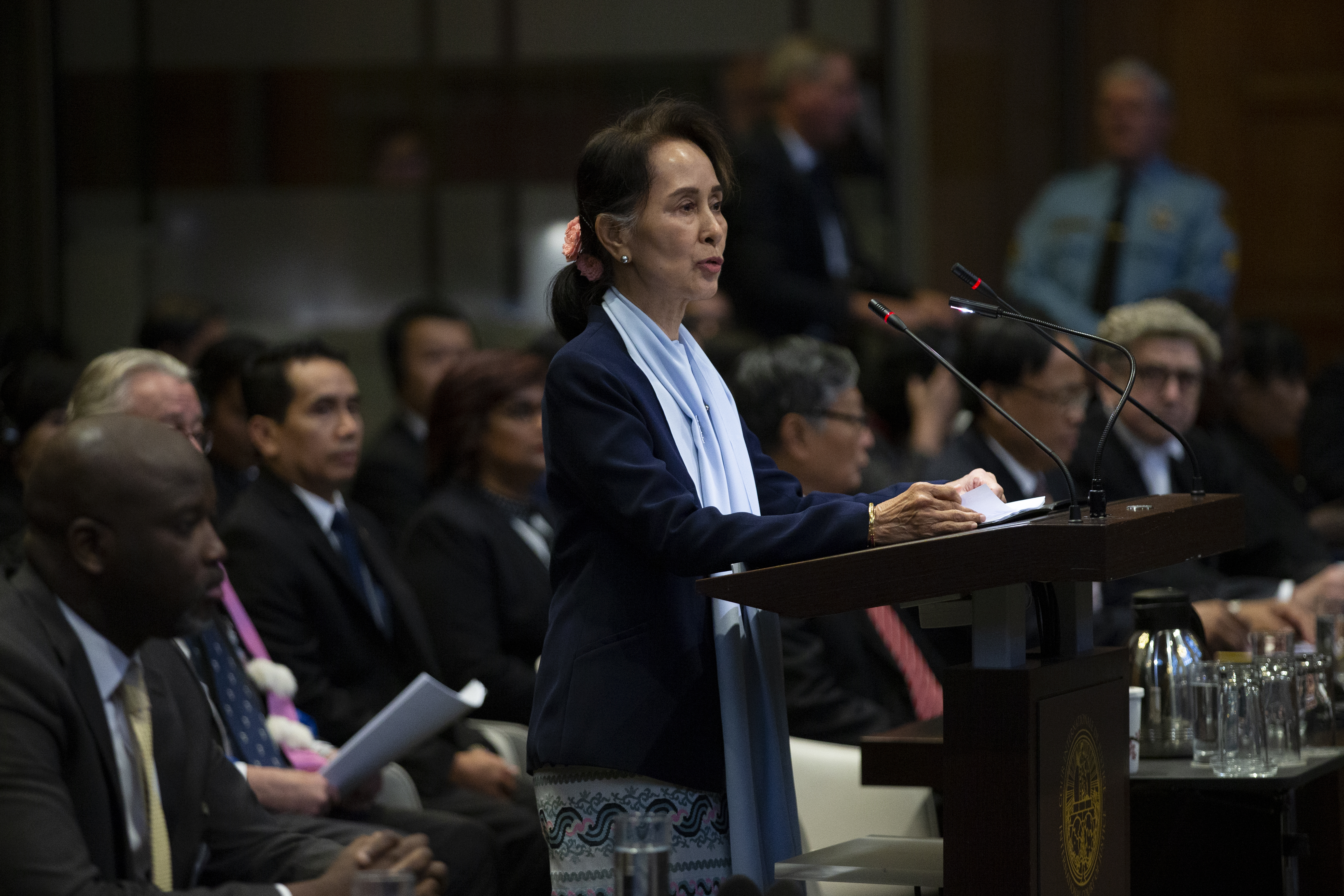 File photo: Myanmar's leader Aung San Suu Kyi addresses judges of the International Court of Justice for the second day of three days of hearings in The Hague, Netherlands.