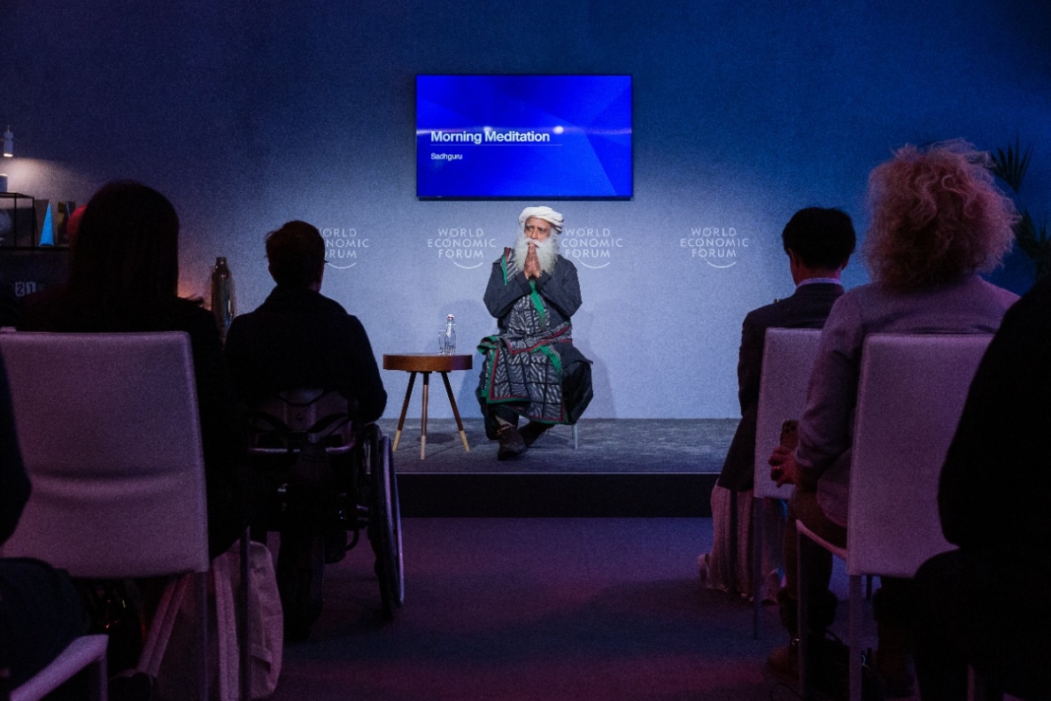 Sadhguru addressing a press conference at World Economic Forum in Davos