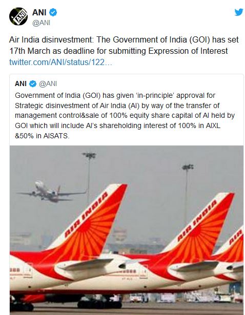 Air India Disinvestment March 17 Deadline For Preliminary Bids