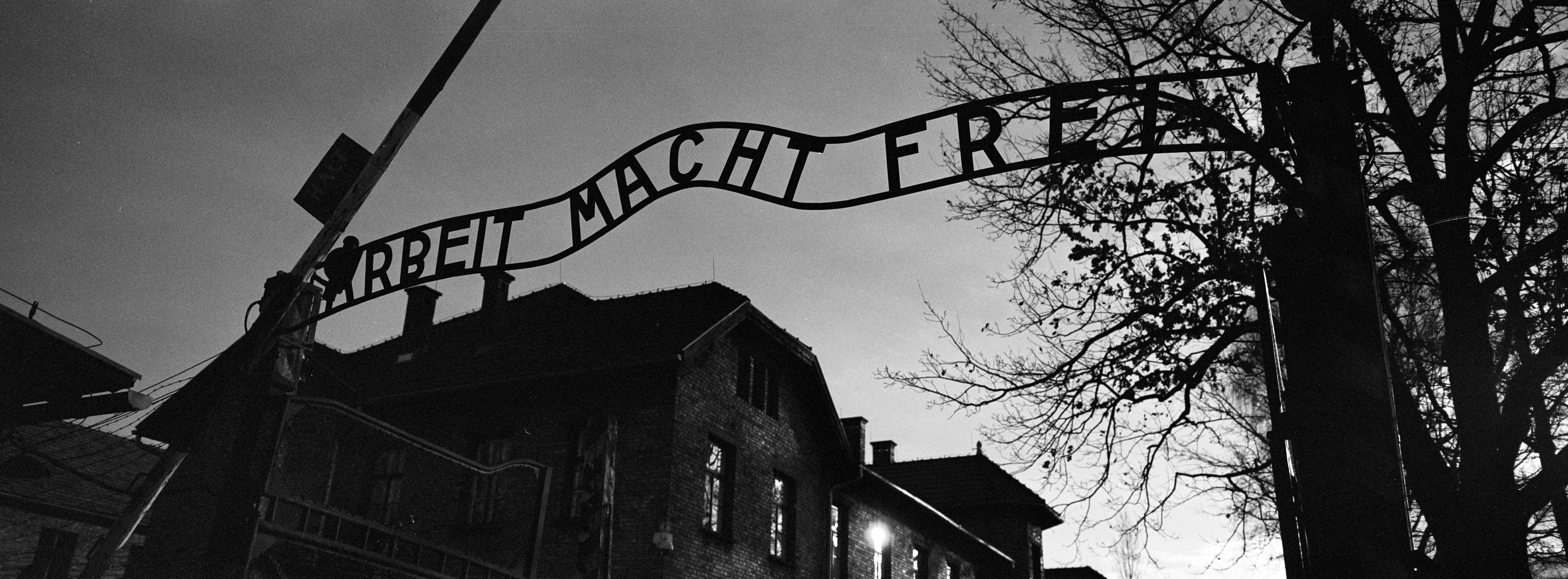 The main entrance at the former Nazi death camp of Auschwitz in Oswiecim, Poland, with the inscription, 'Arbeit Macht Frei', which translates into English as '