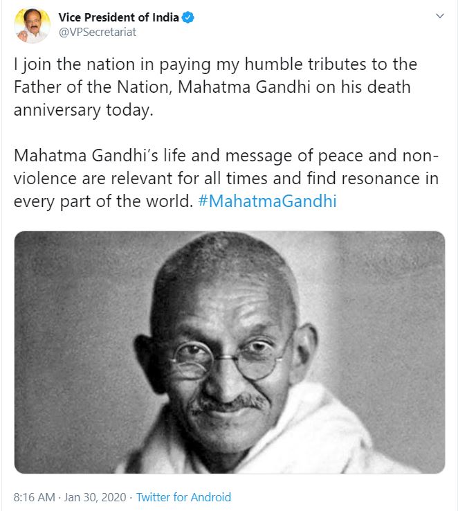 m venkaiah naidu pays tribute to mahatma gandhi on martyrs day