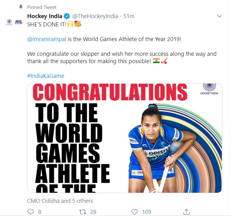 Rani Rampal, The World Games Athlete of the Year, Hockey india