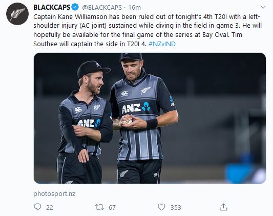 NZ vs IND  India  Williamson  ruled out  4th T20I