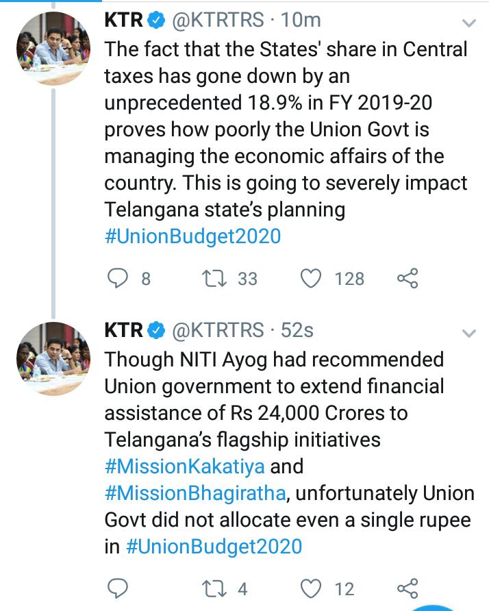 KTR respond about Central budget 2020